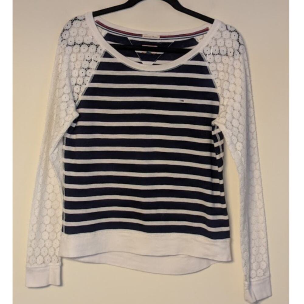 RARE! Hilfiger Denim Women's Small Long Lace Sleeve Boat Neck Striped Casual Top